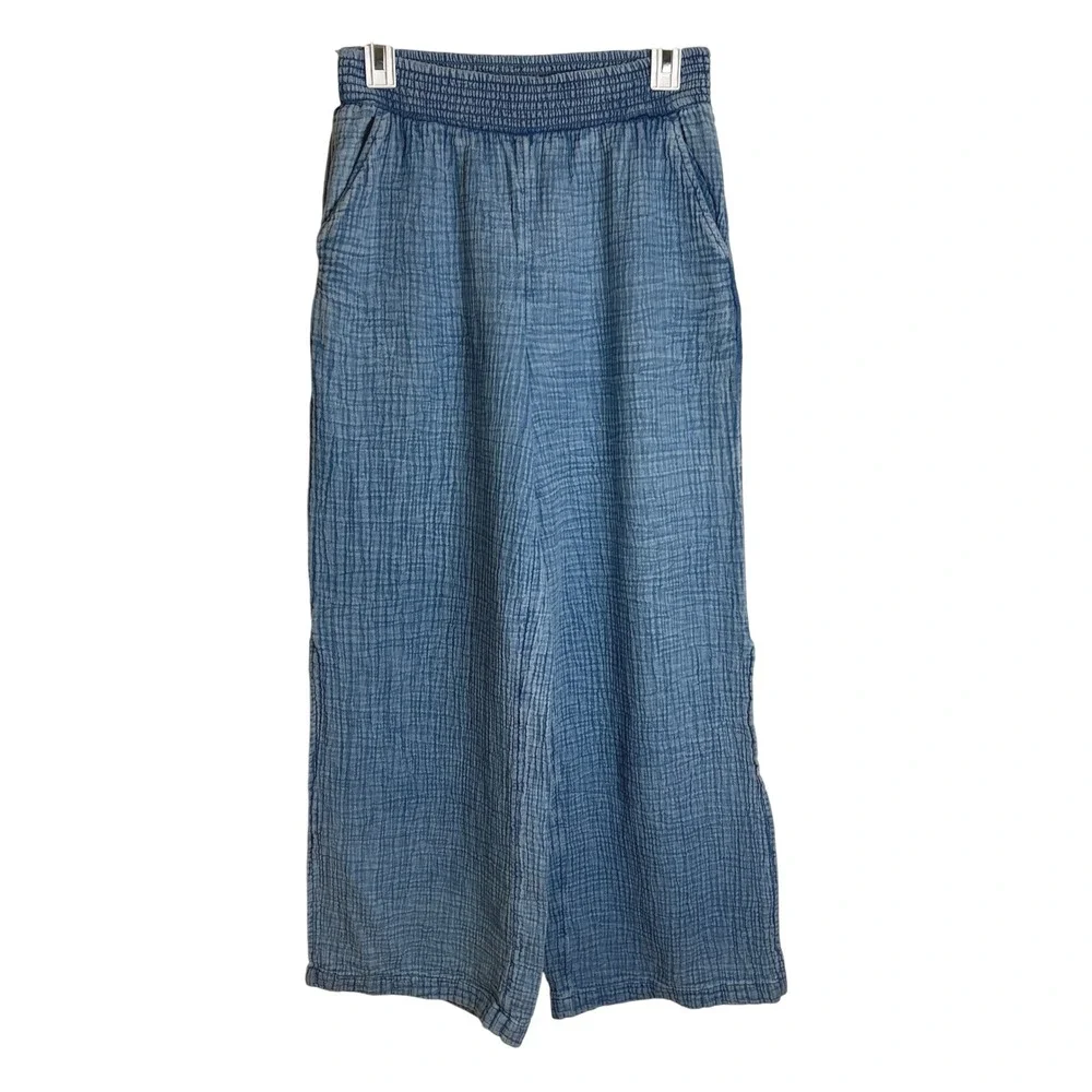 Aerie Pool-to-Party Blue Cotton Gauze Wide Leg Smocked Pull On Pants M Side Slit